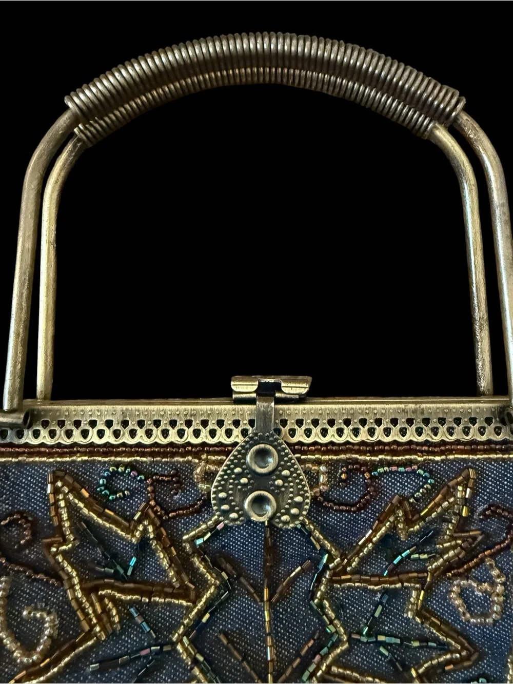 Vintage Beaded Evening Bag Blue Jeweled Frame Purse Art Deco Boho Statement Hbag - Picture 4 of 7